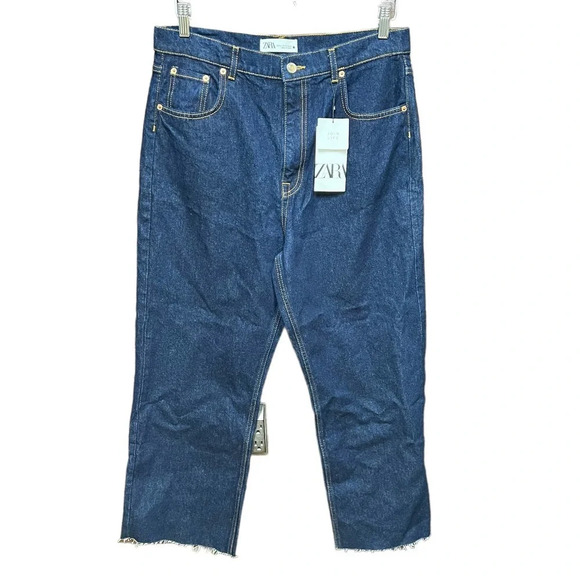 Zara Cropped ZW Premium Straight Leg Dark Wash Jeans Blue Size US 12 - Picture 1 of 12